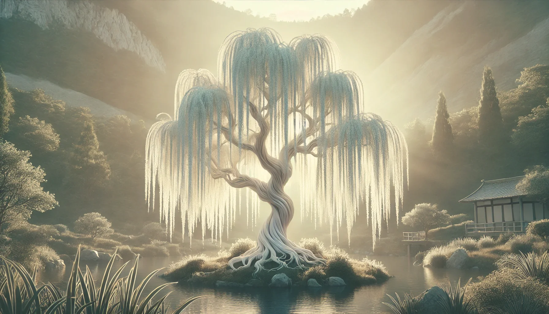 A white willow tree by still water, lit by soft morning sun
